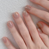 Qfdian 24Pcs Simple False Nails with Glue Short Almond Fake Nails Glitter Aurora Round Head Full Cover Nail Tips Oval Press on Nails