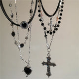 Qfdian  Punk Y2K Metal Cross Star Black Heart Pendant Multi Layer Bead Necklace For Women Men Vintage Gothic Charm Grunge Jewelry Gift