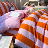 Qfdian  3pcs orange pink stripe Duvet Cover Set (1*Duvet Cover + 2*Pillowcase, Without Core),Bedding Set