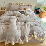 Qfdian  Korean Princess Style Bed Linen Set Bowknot Print Ruffles Duvet Cover Pillowcase Bedsheet Bedclothes Home Soft Bedding Set