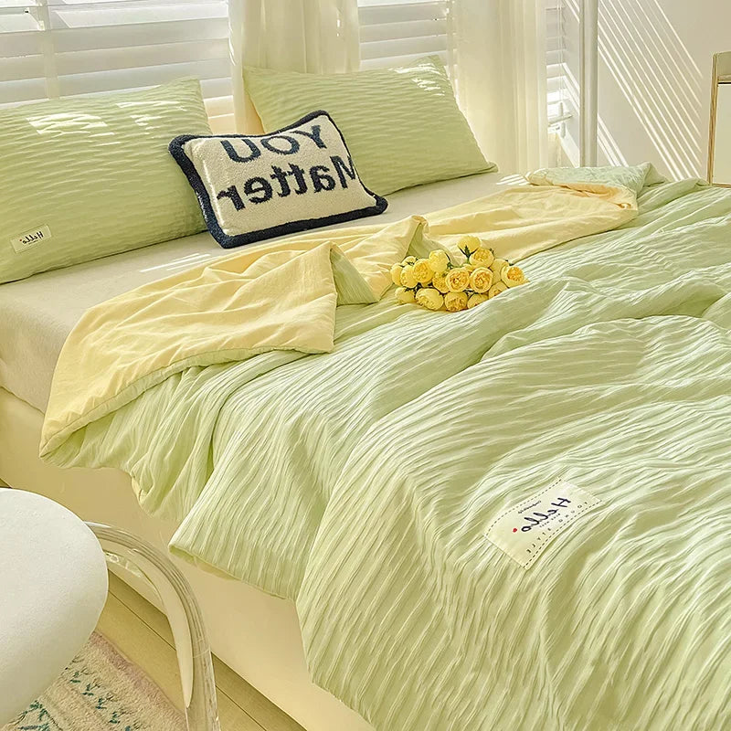 New Korean Ultra Thin Bubble Wash Cotton Color Block Bed Sheets Summer Quilt Bed Double Blanket Air Conditioner Quilt