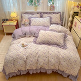 Qfdian  Korean Style Floral Double Gauze Bedding Set 3pcs/4pcs Soft Breathable Cotton Duvet Cover Sheet Girly Dorm Home Textile