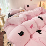 Qfdian Korean Style Pink Bedding Set Black Cat Embroidery Washed Cotton  Duvet Cover Cute Cardboard  Bed linen Comforter Sets