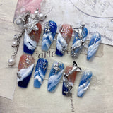 Qfdian  Luxury Press On Nails French Romantic Style with Alloy Gems Crystal Pearls Resin Flowers Elegant Glam Design for Party Wedding