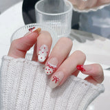 Qfdian Handmade Press on Nails Red Dot Bow Design Sweet Girl Fake Nails Detachable Wearable Short Round French False Nails for Girls
