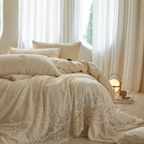 Qfdian 20% Linen And 80% Cotton Vintage Hollow Lace Embroidery Patchwork Bedding Set Duvet Cover Flat/Fitted Bed Sheet Pillowcases 4Pcs