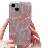 Qfdian  Pink Pearl Bow Phone Cases, for IPhone 17 16 15 14 13 Pro Max Pro XSMax 78Plus ,Feather Yarn Gradient Color Kawaii Cover