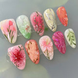 Qfdian  24pcs Gold Pink Flower Press On Nails Glossy Almond Autumn Wearable Fake Nails With Pearl Gold Ball Decor Ballet False Nail Tips