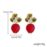 Qfdian Delicate Red Strawberry Flower Drop Earrings for Women 3D Simulated Fruit Green Leaves Earrings Girls Jewelry Accessories