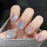 Qfdian  10Pcs Star Cat Eye False Nails with Glue Light Blue Fake Nails Love Pearl Sparkling Press on Nails Sweet Cool Short Square Nail