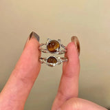 Qfdian  Vintage Brown Opal Thorn Ring for Women Men New Trendy Geometric Cat Personality Opening Finger Rings Couple Jewelry Gifts