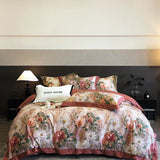 Qfdian 1000TC Egyptian Cotton Vintage Oil Painting Style Flowers Print Bedding Set Duvet Cover Flat/Fitted Bed Sheet Pillowcase 4Pcs