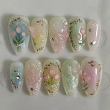 Qfdian  24pcs Press on Fake Nails Set Almond Wearable Simple French Flower False Nail Art Gold Beads Design Diamond Manicure Tips
