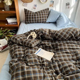 Qfdian  Bedding Set Ins Ambiance Blue Coffee Grid Mixed With Washed Cotton Minimalist Flat&Fitted Sheets Duvet Cover Set With Pillowcase