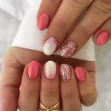 Qfdian 24Pcs Simple False Nails with Glue Short Almond Fake Nails Glitter Aurora Round Head Full Cover Nail Tips Oval Press on Nails