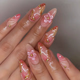 Qfdian  24Pcs Mid-length 3D Flowers Design Fingertips Sweet Butterfly Yellow Ripple Almond False Nails Detachable Full Cover Press Ons