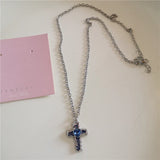Qfdian  Gothic Blue Cross Pendant Sliver Color Chain Necklace For Women Men Fashion Trendy Punk Y2K Charms Hip Hop Jewelry Accessories