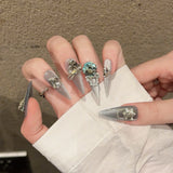 Qfdian Handmade Press on Nails Shiny Pink Cat Eye Fake Nails for Women Girl Wearable Glitter Full Crystal Design False Nail Tips
