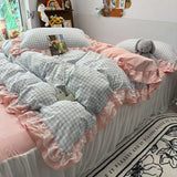 Qfdian Ins Princess Bedding Set Latticed Simple Elegant Skirt Bed Sheet Set With 2 Pillowcases Queen Size For Women Teens Bedcloths