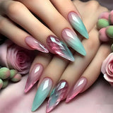 Qfdian  24pcs Long Stiletto Press on Nails Hot Girl Almond False Nails Nude Flower Rhinestones Full Cover Fake Nail Finished Manicure