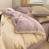 Qfdian  150x200cm Solid Color Warm Plush Duvet Cover 4-piece Bed Cover Pillowcase Set Soft Comfortable Children Bedding Article