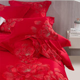 Qfdian 4Pcs Luxury Flowers Embroidery 1400TC Egyptian Cotton Red Wedding Bedding Set Duvet Cover Set Flat/Fitted Bed Sheet Pillowcases