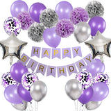 Qfdian  Lavender Purple Happy Birthday Banner Decorations for Purple Silver Mothers Day Party Pompom Flower Foil Latex Balloons Supplies