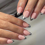 Qfdian 24Pcs Golden French Fake Nail with Almond Head Design Simple Oval False Nails Wearable Press on Nails Full Cover Nail Tips