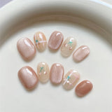 Qfdian 10pcs Handmade False Nails Press on Cat's Eye Full Cover Fake Nails Short Round Head Press On Nails Reusable Ballerina Manicure