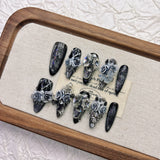 Qfdian  Gothic Elegant Press On Nails Smoky Black Glitter Resin Metal Star Butterfly Accessories Multiple Sizes Easy to Apply Reusable