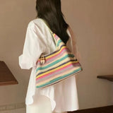 Contrast Color Rainbow Striped Women Top-Handle Bags Fashion Y2k Sweet Shoulder Underarm Bag Casual Shopping Purses and Handbags