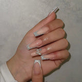 Qfdian 24Pcs Extra Long Square Fake Nail with Glue 3D Little Bear Bow Design False Nails White French Press on Nails Wearable Manicure