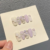 Qfdian Oil Painting Handmade Press on Nails Gypsum Purple Flower False Nails Designed Fake Nails Girly Dreamy Coffin Fingernail Tips