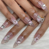 Qfdian  24pcs Press on Fake Nails Set Almond Wearable Simple French Flower False Nail Art Gold Beads Design Diamond Manicure Tips