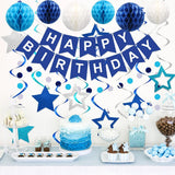 Qfdian  Blue Birthday Party Decoration Honeycomb Balls Happy Birthday Banner Hanging Swirls Circle Dots Garland Boy Birthday Party Decor