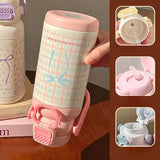 Qfdian  700ML Cute Bow Thermo Water Bottle For Girls Portable Handle 316 Double Drinking Outdoor Sports Straw Vacuum Thermal Bottle Gift