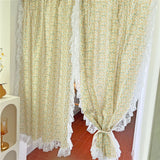 Qfdian  Retro Ruffled Gauze Curtains for Living Room Partition Window Screen Floral Door Background Cover Decorative Drapes