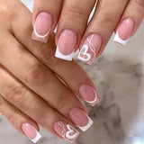 Qfdian 24Pcs Nude White French Fake Nail Short Square Nail Tips Fashion Wearable False Nails with Glue Simple Full Cover Press on Nails