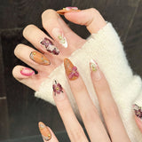 Qfdian  10Pcs Handmade Fake Nails With 3D Carved Petals Decor Almond Press on Nails Manicure Tool For Woman Detachable False Nails