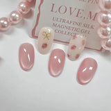 Qfdian 24Pcs Short Round Head False Nails Glitter Pink Almond Fake Nails Strawberry Full Cover Press on Nails Wearable Nail Tips