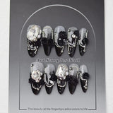 Qfdian 10Pcs luxury Black French Style Fake Nails Handmade Almond Press on Nails Rhinestone Decor Wedding Nails Tips Wearable Manicure