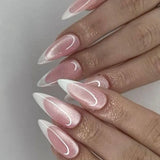 Qfdian  24pcs Glossy Red Cat's Eye Press On Nails Full Cover Nude Color Wearable Almond False Nails Charms Detachable Fake Nail For Girl