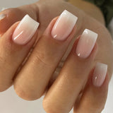 Qfdian 24Pcs Gradient White Fake Nail Short Square Ballet Simple False Nails Press on Wearable Nude Nails Art Full Cover Manicure Tips