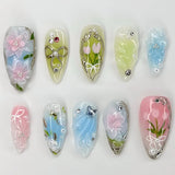 Qfdian  24pcs Red Cat Eye Press on Nails Pearl Heart Stick on Nails Bow French Fake Nails Sweet Cute Flower Nail Almond 3D False Nail