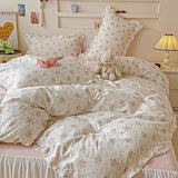 Qfdian 3/4Pcs Pastoral Floral Lace Ruffles 100% Cotton Bedding Set Single Queen Duvet Cover Bed Skirt/Bed Sheet/Fitted Sheet Pillowcase