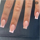 Qfdian 24Pcs Simple French Fake Nail with Gradient White Design Short Square Head False Nails Wearable Finished Manicure Press on Nails