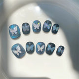 Qfdian Handmade Glitter Fake Nails Press On Nails Luxury Short Cat Eye Reusable Wearable Blue Ballerina False Nails Cute Finger Tips