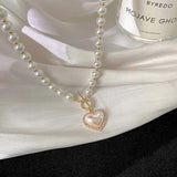 Elegant Big White Imitation Pearl Bead Necklace for Women Crystal Heart Shell Pendant Sweet Wedding Party Jewelry Collier Femme