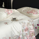 Qfdian Flowers Embroidery Luxury Bedding Set Egyptian Cotton Single Queen King Size Duvet Cover Flat/Fitted Bed Sheet Pillowcases 3/4Pc