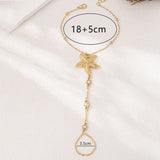 Qfdian  Bohemian Starfish Simulated-pearl Hand Chain Integrated Finger Ring Bracelet For Women's Beach Vacation Accessories